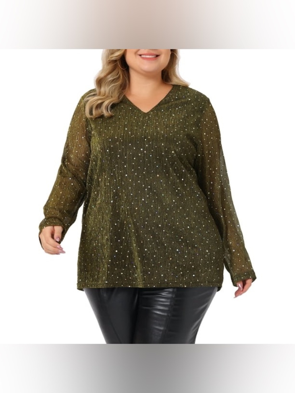 Agnes Orinda Rhinestone Glitter Bling‎ Sheer Long Sleeve V Neck Blouse
